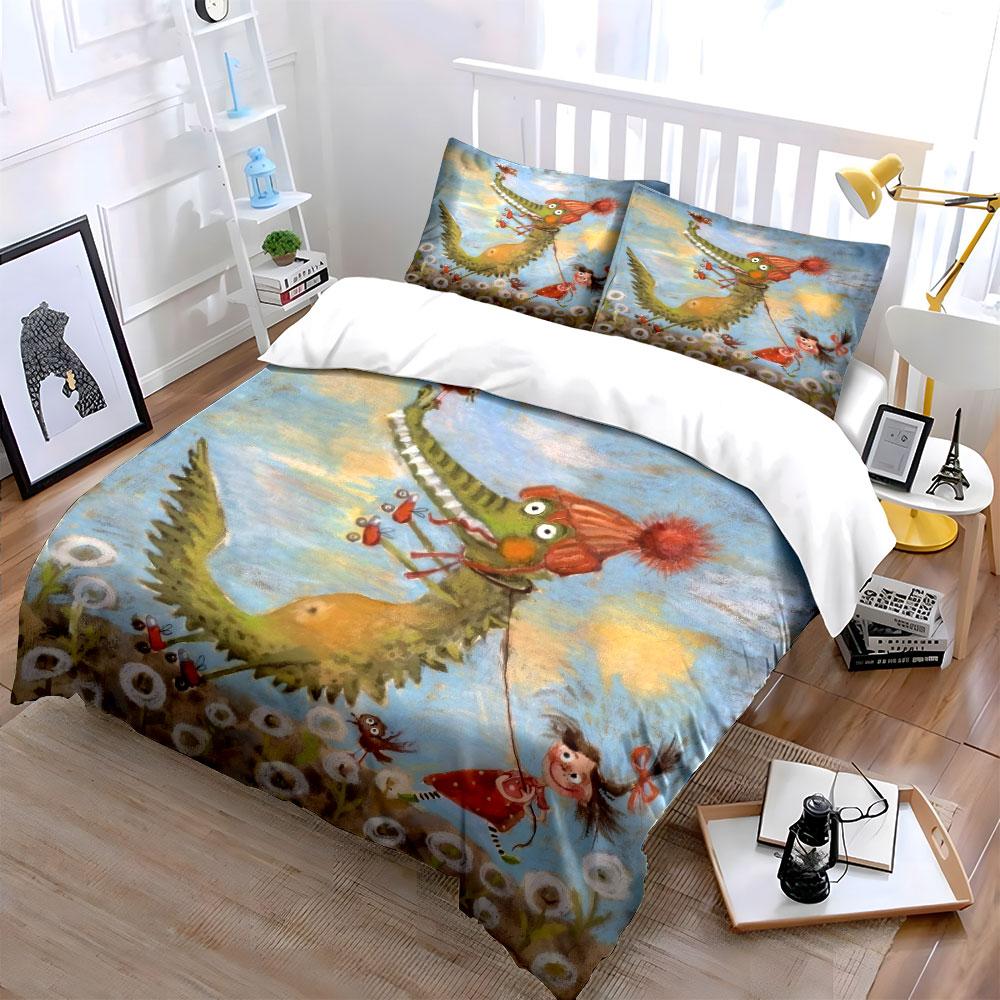 Skate Crocodile & Little Girl Walking Duvet Cover Set,Whimsical Nursery Oil Painting Bedding Includes Duvet Cover 2 Pillowcase