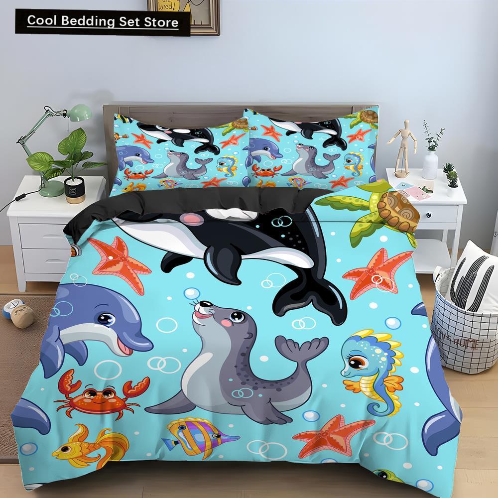 Bule Dolphin Whale King Queen Duvet Cover Underwater World Bedding Set Cartoon Sea Animal Comforter Cover Polyester Quilt Cover