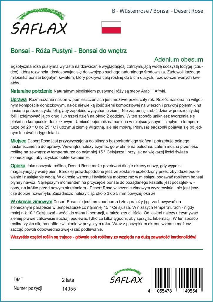 SAFLAX Garden in the Bag - Бонсай - Роза пустыни - 8 семян - С субстратом в подходящем пакете - Adenium obesum