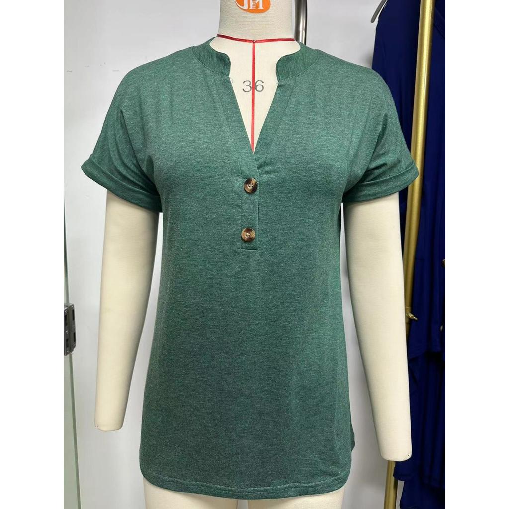Spring Summer New Solid Color V-neck Button Loose Short Sleeve T-shirt Top, Cross-border European American Casual Tops In Stock