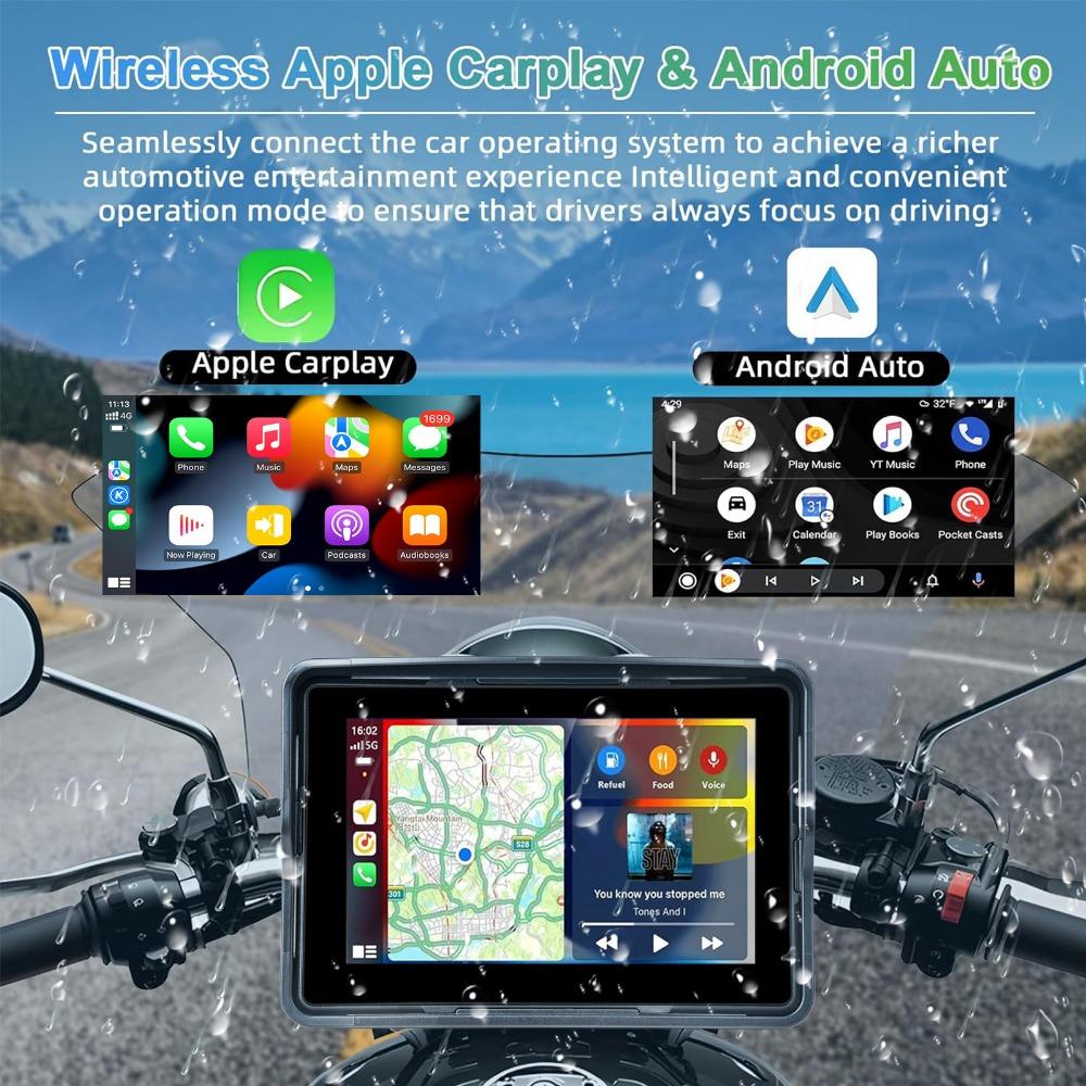 5-дюймовый портативный видеорегистратор для мотоцикла, беспроводной Apple Carplay, Android, автонавигация, GPS-экран, водонепроницаемый дисплей IPX7, двойной BT