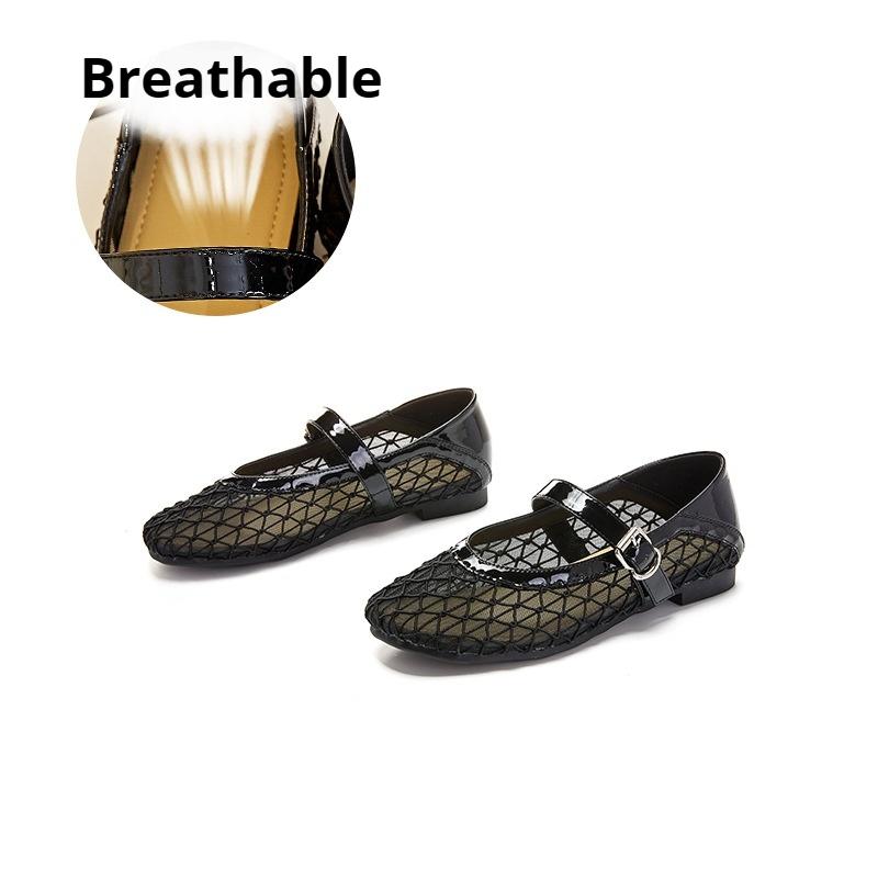 Sheepskin Mary Jane Shoes Casual Shoes Hollow Mesh Breathable Leather Shoes Flat-soled Shallow-mouth Women's Shoes