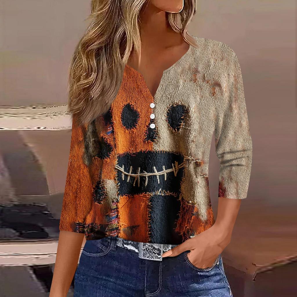 Women's Fashion Button-Up V-Neck Three-Quarter Sleeve Halloween Print Top