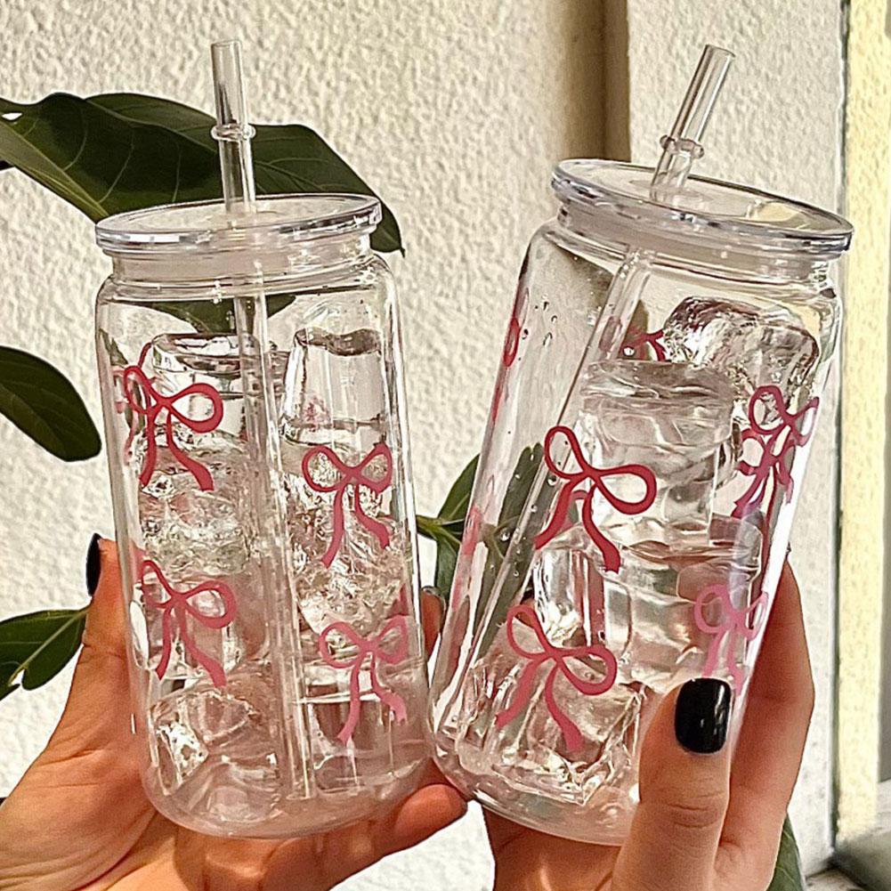 Bow Tie Plastic Straw Cup Cute Pink Cup Tumbler Mason Jar Shaped Water Bottle With Lids For Iced Coffee Juice Drinking Cup Gift