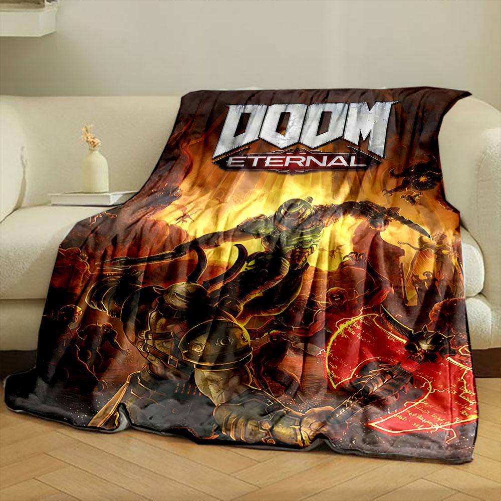 A warrior fights demons amidst fiery chaos with glowing weapons. for all seasons blanket lunch break throw gift