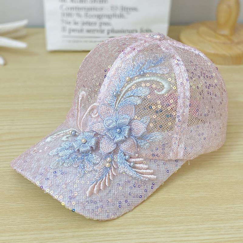Sequin mesh hollow breathable sun protection duck tongue sun hat children sweet beaded lace flower shade baseball cap