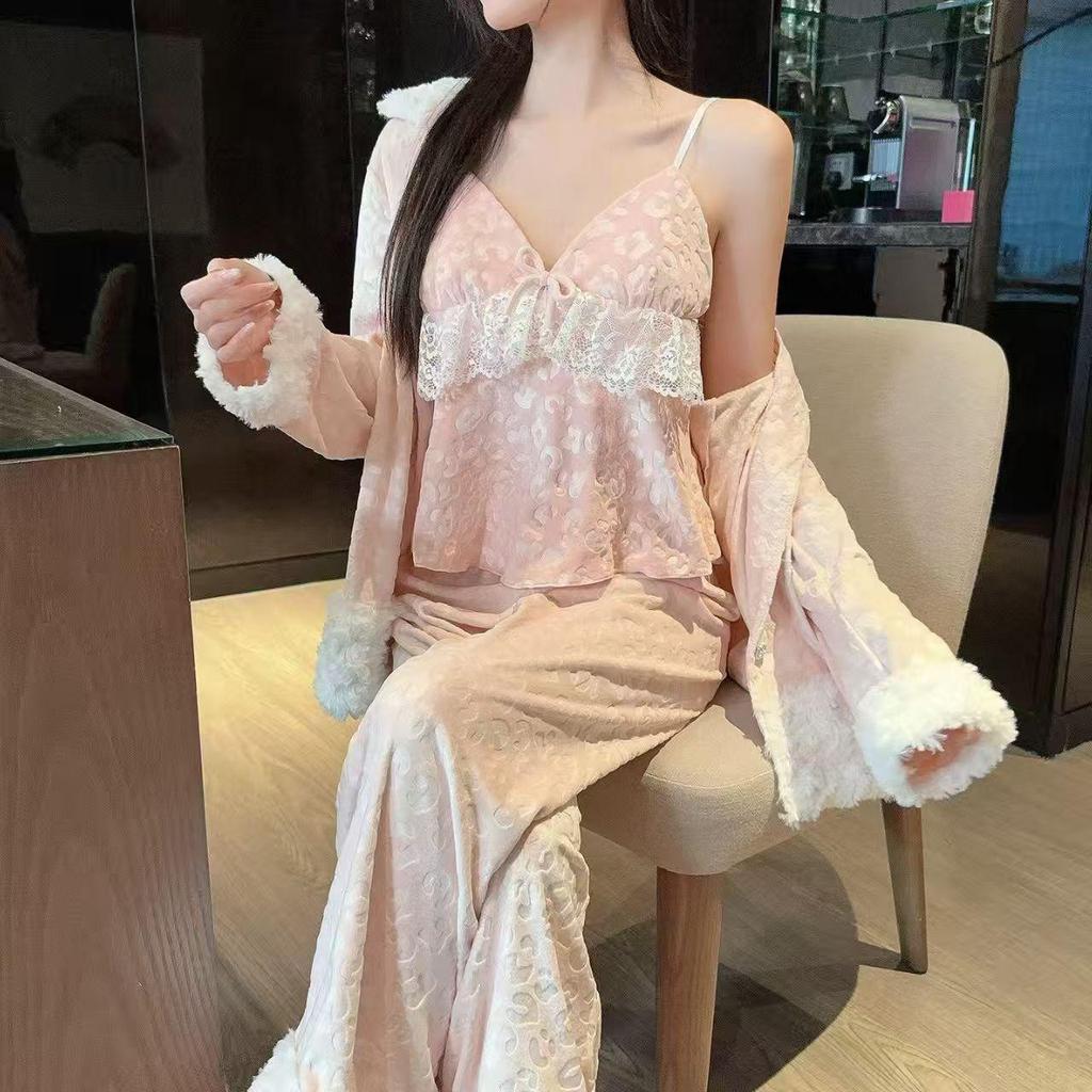 Бархатный пижамный комплект Осень-Зима для женщин: Роскошный, милый домашний комплект из трех предметов