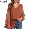 Women's Fashion Casual Spring Fall Solid Color Print Long Sleeve V-Neck Blouses & Shirts
