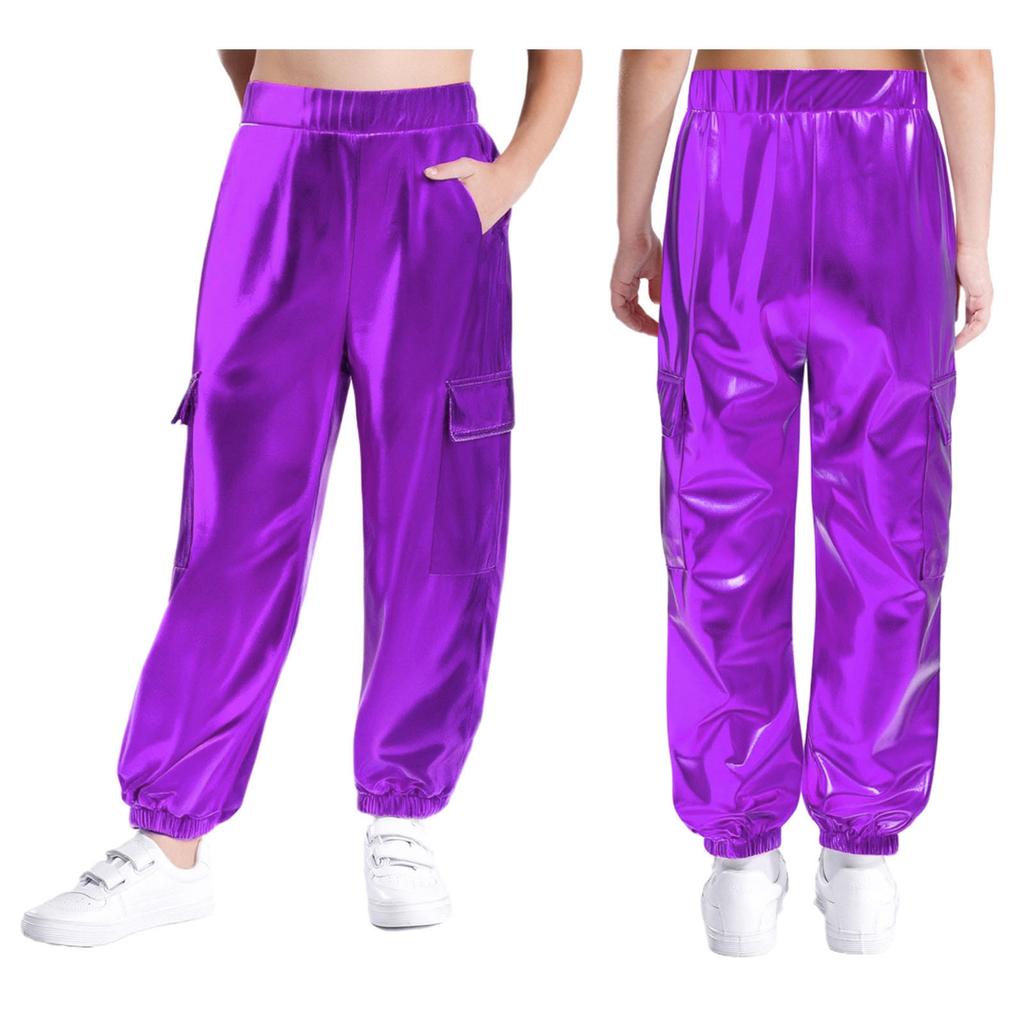 Детские блестящие танцевальные брюки унисекс с металлическим блеском и эластичной талией, с функциональными карманами, сценический наряд
