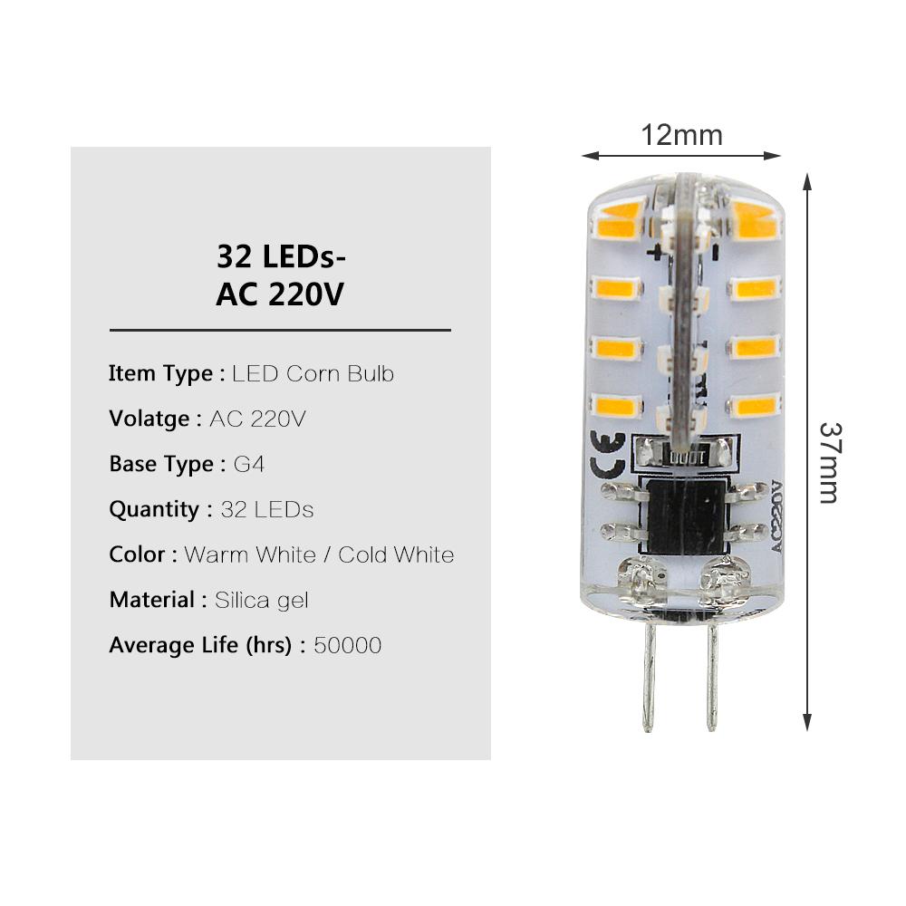 10pcs/lot G4 2W 220V LED Light Bulb 32leds SMD3014 Warm Cold White Lights Replace 10W 20W Halogen Lamp For Home Indoor Lighting