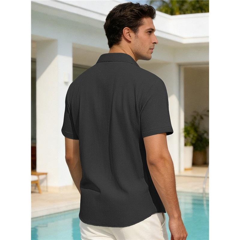Men's Waffle Texture Short Sleeve Button Down Shirt Casual Pocketed Summer Top
