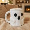 Halloween Party Drinkware Ice Cream Mug with Spoon Holder, 3D Printed Cute Ghost Mug, Shaped Coffee Drinking Cup Pen Holder Decor, Christmas Birthday
