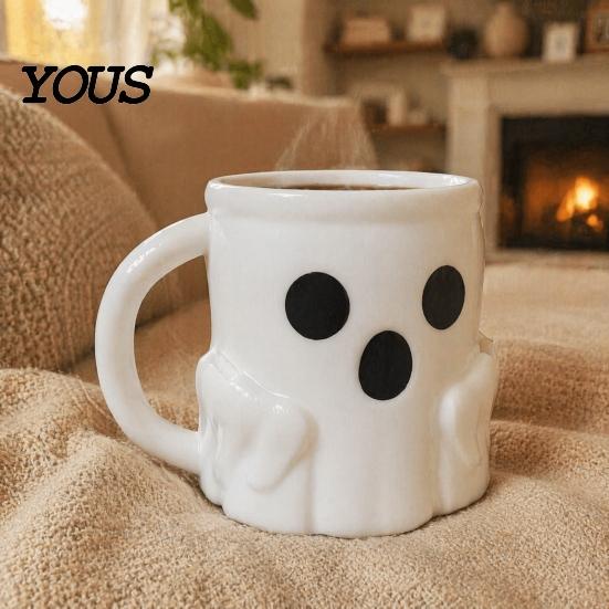 Halloween Party Drinkware Ice Cream Mug with Spoon Holder, 3D Printed Cute Ghost Mug, Shaped Coffee Drinking Cup Pen Holder Decor, Christmas Birthday