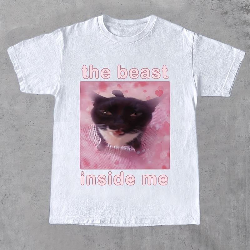 Cat Creative Printed Letter Printed Mens Tshirt Summer New Style Suitable for Both Men and Women Cotton Casual Tshirt