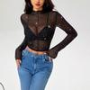 2025 Spring/Summer Women's Stand-Up Collar Sequin Mesh T-Shirt