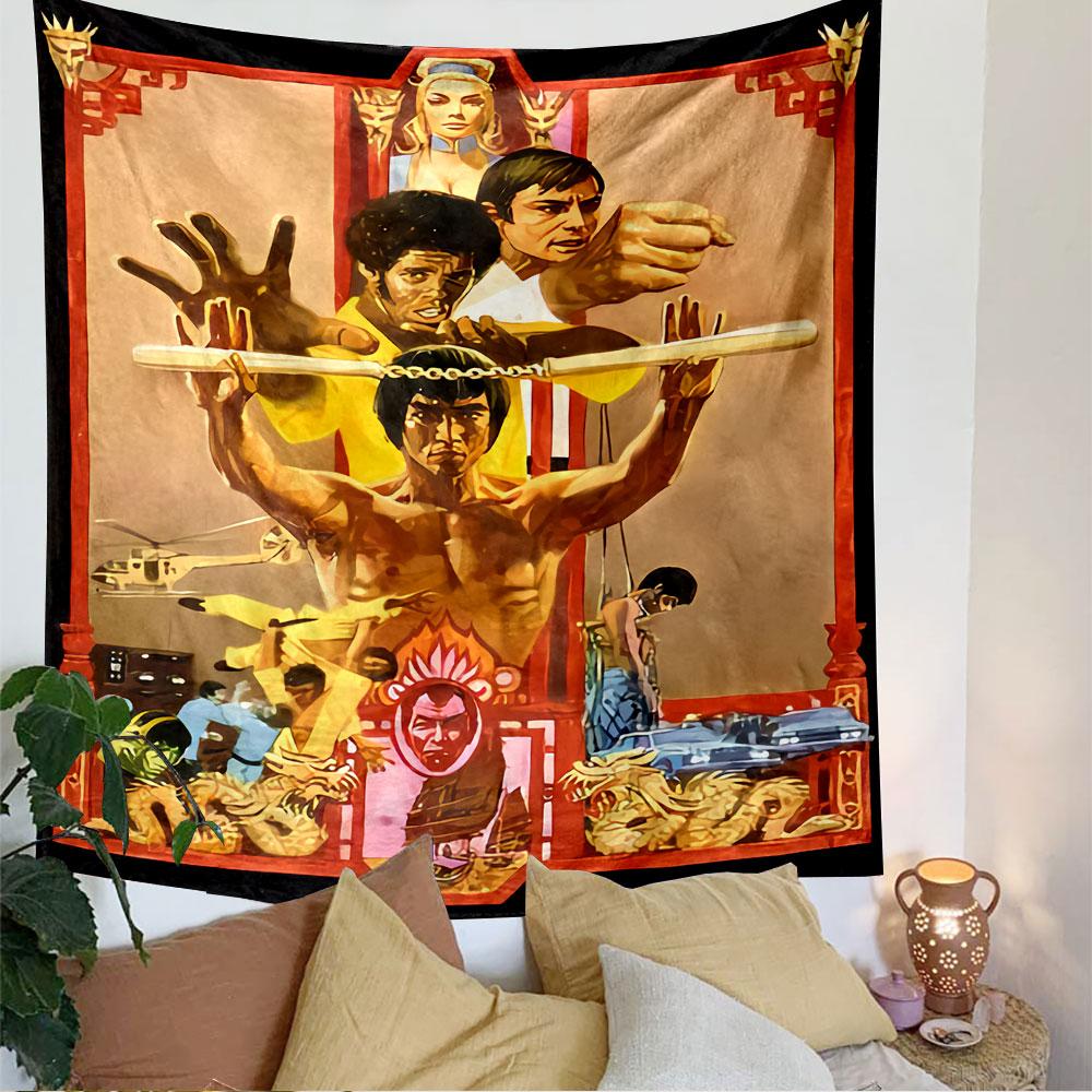Bruce Lee Kung Fu Tapestry Wall Hanging, Martial Arts Legend Dragon Art, Action Wall Decor for Bedroom Man Cave