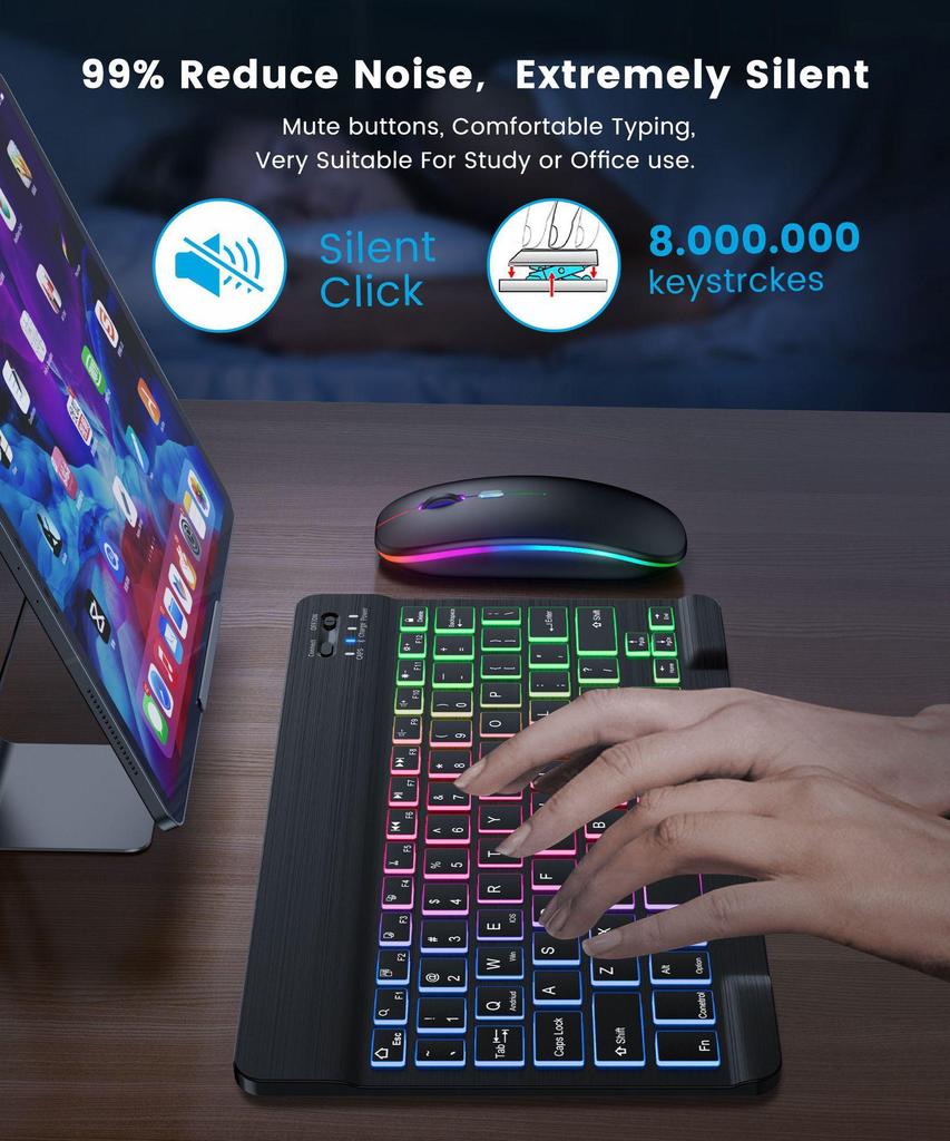 Русский Беспроводной RGB Клавиатура и Мышь с Подсветкой Bluetooth Набор для iPad, Телефона, Планшета