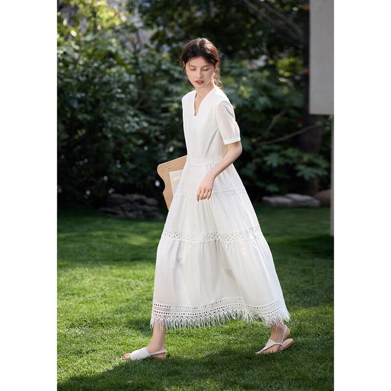 XWI Французское хлопковое платье миди с V-образным вырезом и кружевом