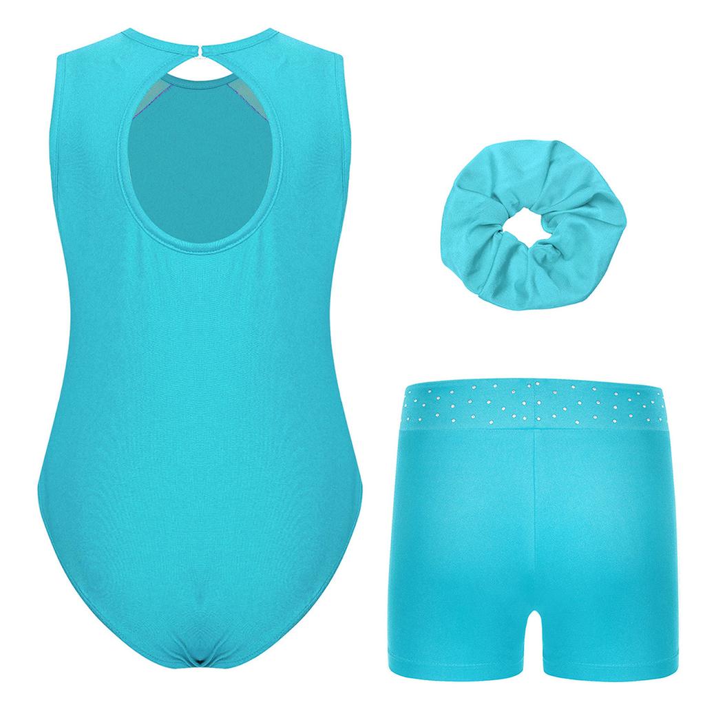 Girls Complete Dance Set Sleeveless Leotard Keyhole Back Patchwork Style Rhinestone Waistband Performance Outfit