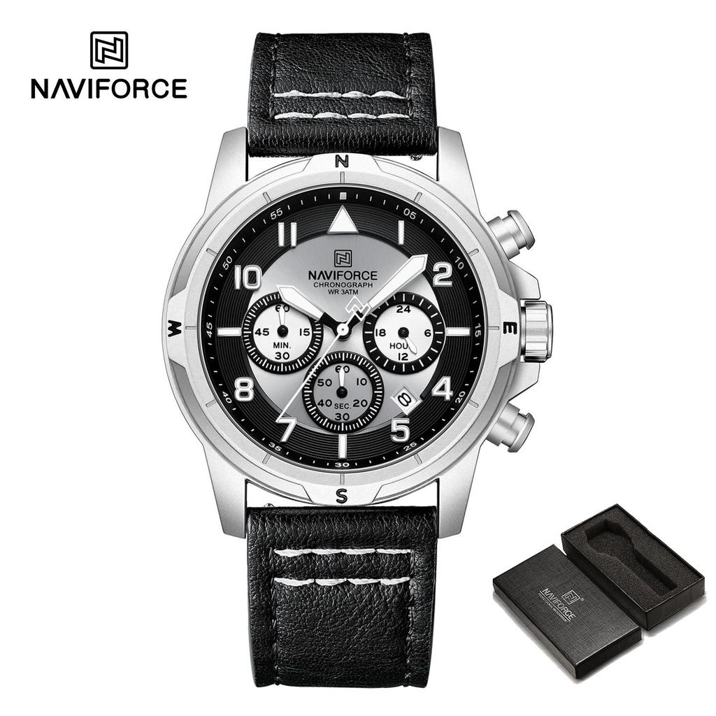Naviforce Оригинальные мужские кварцевые часы Хронограф Мини-циферблат Календарь Дата Кожаный ремешок Светящиеся стрелки Водонепроницаемость 30м Мужские часы Подарок NF8077