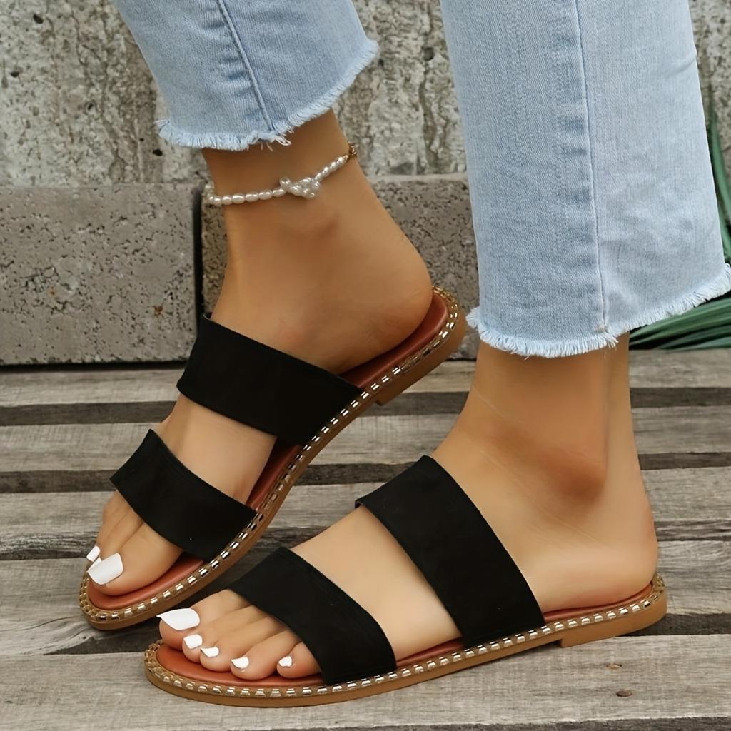 Женские шлепанцы на плоской подошве с двойным ремешком, противоскользящие туфли без шнуровки с круглым носком, универсальные пляжные шлепанцы на открытом воздухе