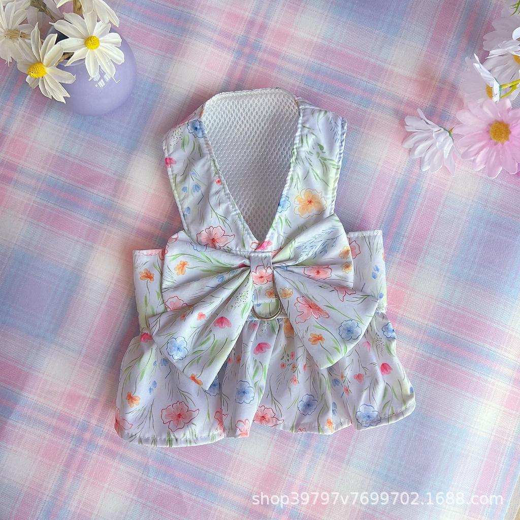 Ins Wind Fresh Floral Chest Back Skirt Pet Dog Dog Cat Clothes Spring Summer Autumn Models Go Out Traction Breathable Than Bear