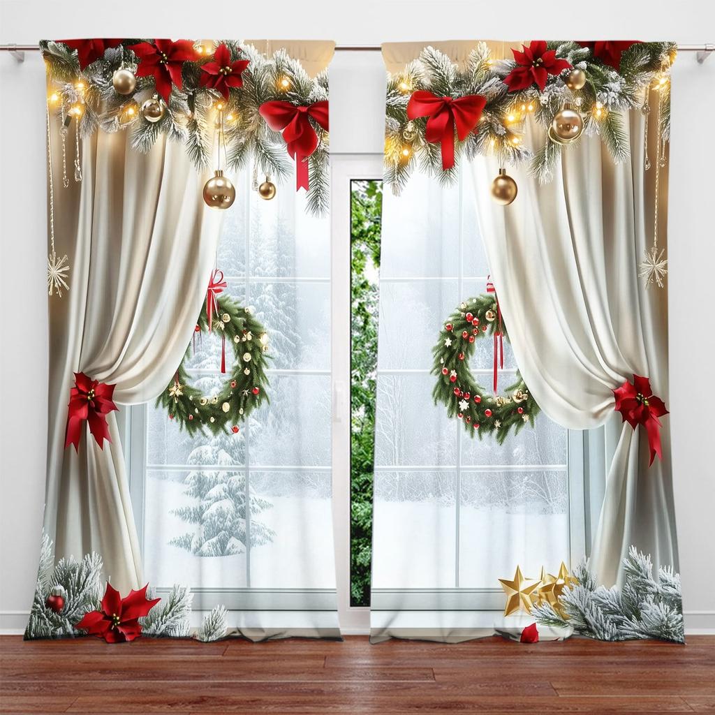 2pcs Windows with A Christm Printed Curtain for Christmas Home Decor - Rod Pocket Window Treatment for Bedroom, Office, Kitchen