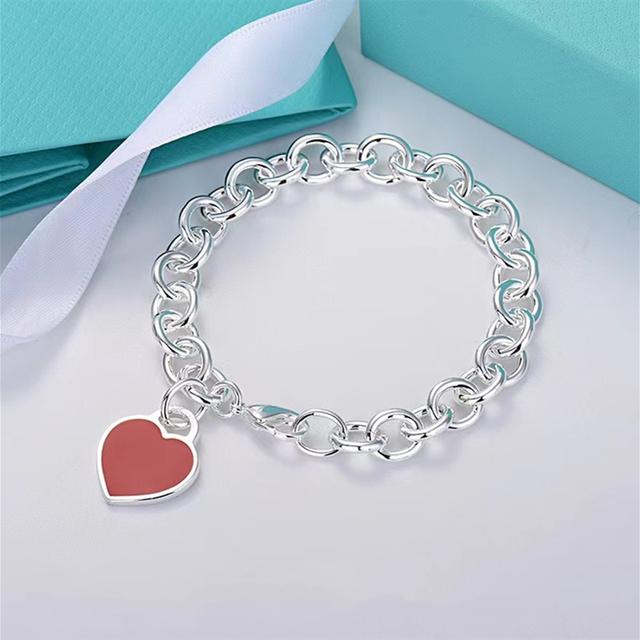 Classic 925 Sterling Silver Heart Shaped Enamel Thick Chain Bracelet Women Fashion Brand Love Pendant Party Luxury Jewelry