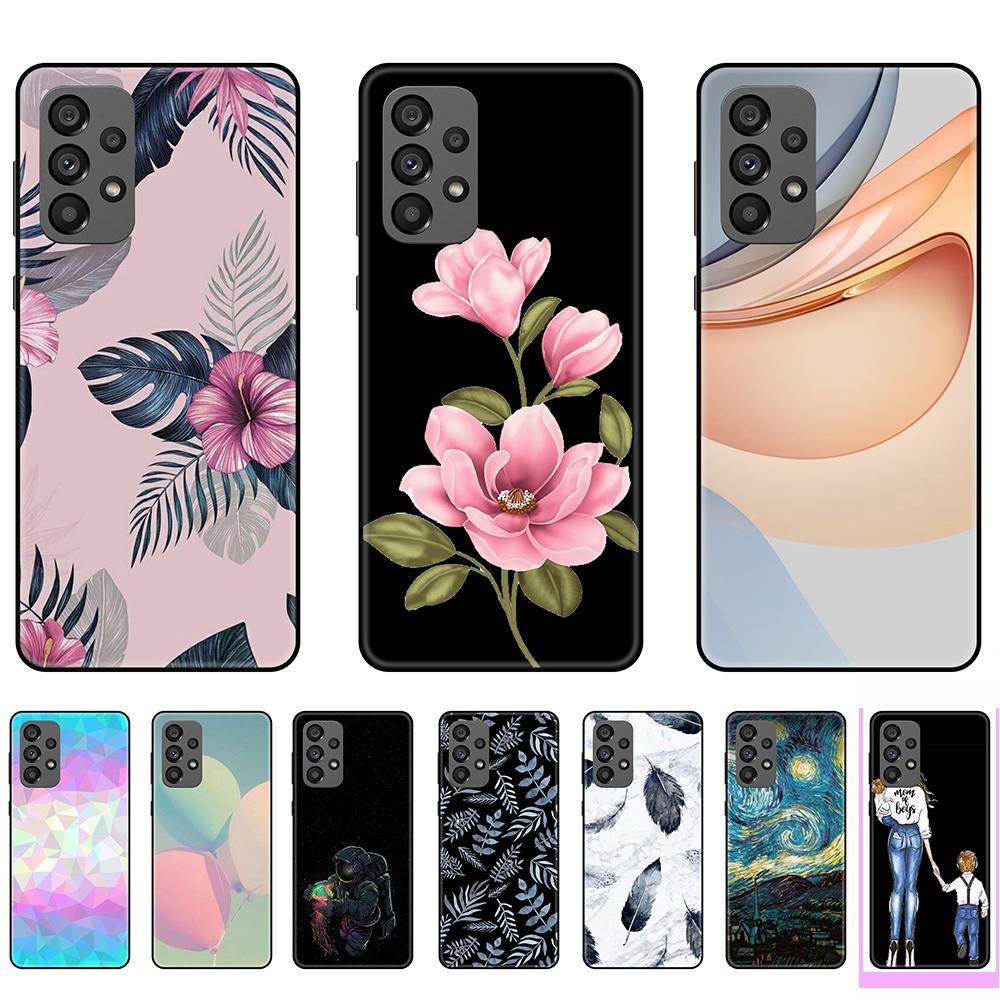 Модный черный мягкий чехол, совместимый с Samsung Galaxy A73, гибкий противоударный бампер из ТПУ с розовым цветком, черный чехол для Galaxy A73