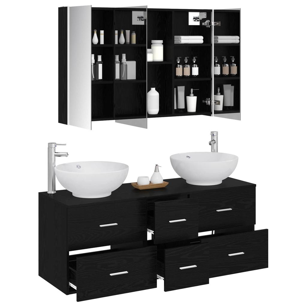 Bathroom Furniture Set 4 pcs Black Oak Engineered Wood and Glass