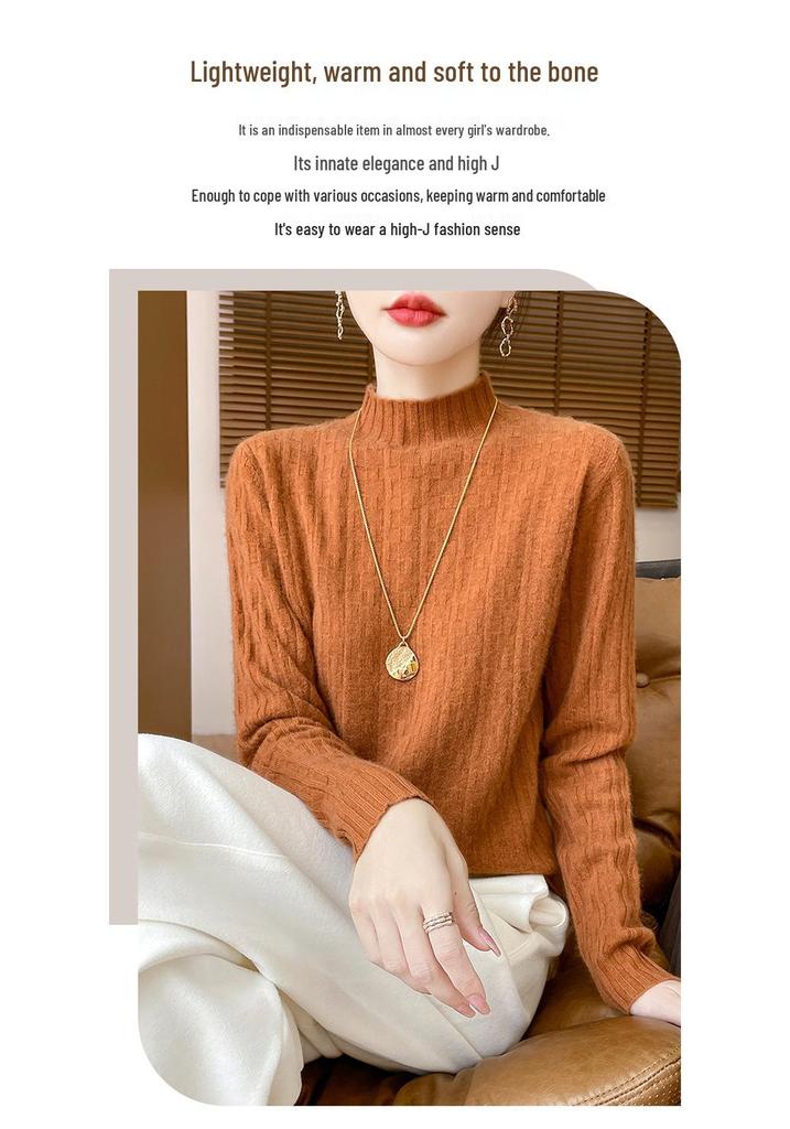 Women's Versatile Solid Color Wool Knit Sweater - Loose Half-High Collar, Long Sleeve Autumn & Winter Base Layer.