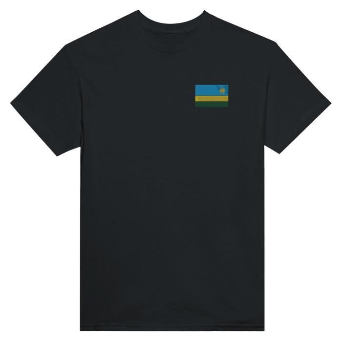 T-shirt - PIXELFORMA - Drapeau Du Rwanda - Broderie Noir - 100% Coton - Coupe Classique