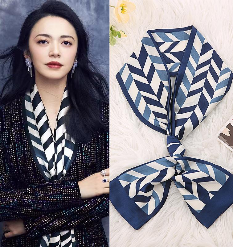 Green small silk scarf fashionable versatile streamer headband decorative long scarf spring and autumn Korean version checkerboard scarf plaid
