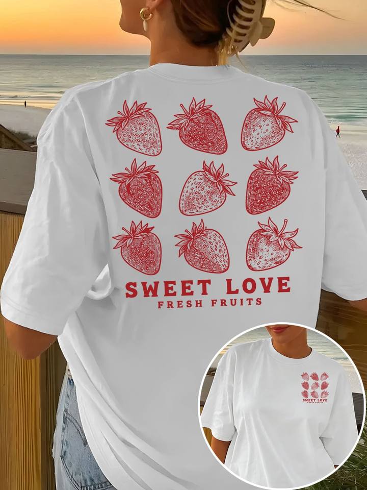 Strawberry Sweet LoveGraphic Print Women's T-shirt Short Sleeve Crew Neck Casual Top for Summer Women's Clothing Aesthetic Tops