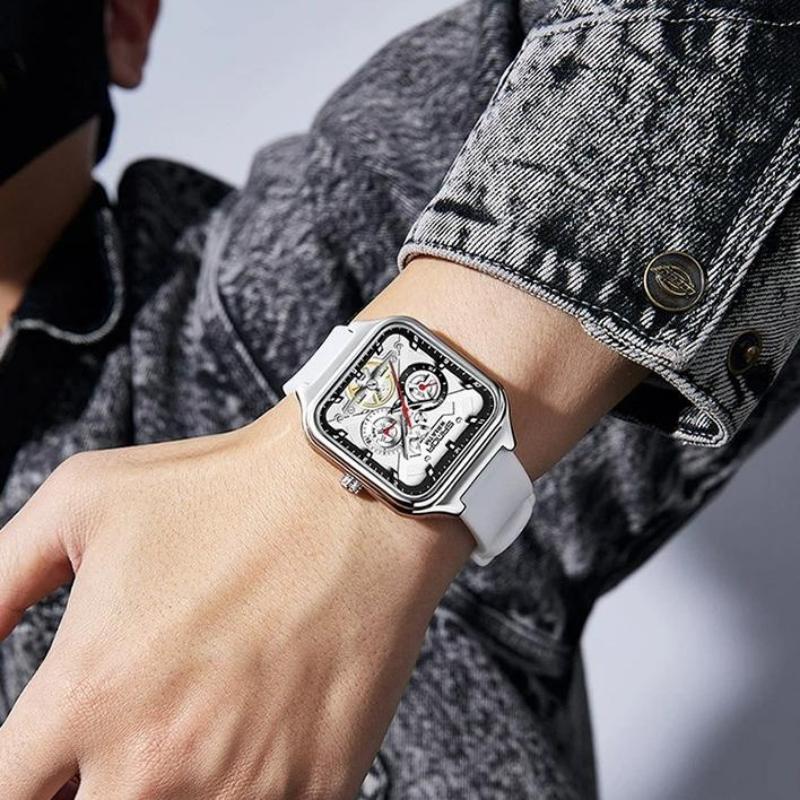 Luxury Men's Quartz Watch Fashion Square Case Week Date Display Waterproof with Silicone/Mesh Band Casual Wristwatch for Men