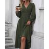Polyester V Neck Lantern Sleeve Pleated A Line Dress For Autumn Winter Fashion