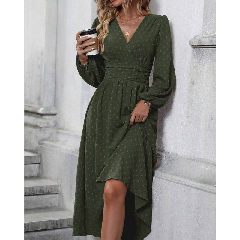 Polyester V Neck Lantern Sleeve Pleated A Line Dress For Autumn Winter Fashion