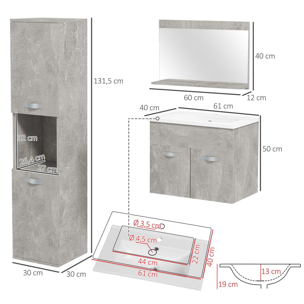 Bathroom Furniture Set, Wall-Mounted, with Mirror, Vanity Unit, Sink and Tall Cabinet, Grey, 4-Piece
