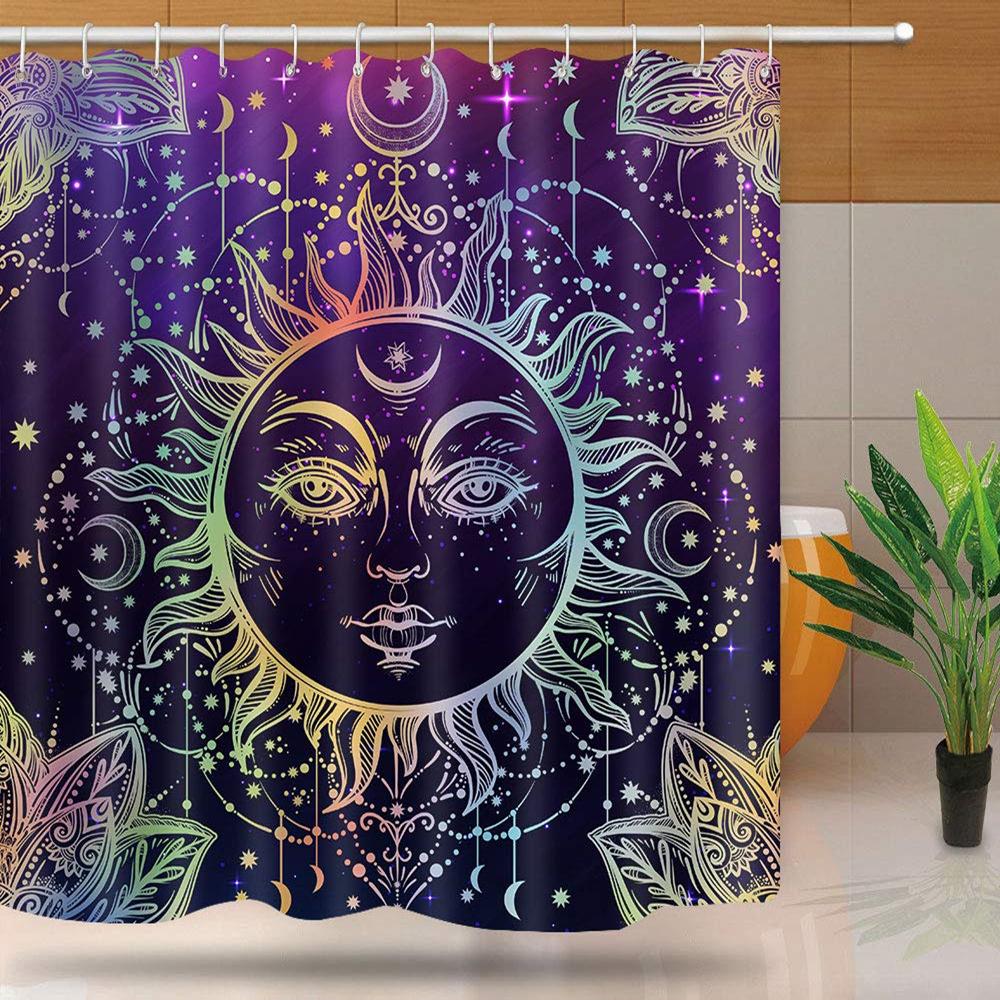 Mandala Celestial Shower Curtain Boho Moon Star Black And White Waterproof Polyester Fabric Bathroom Curtains Home Decor Hooks