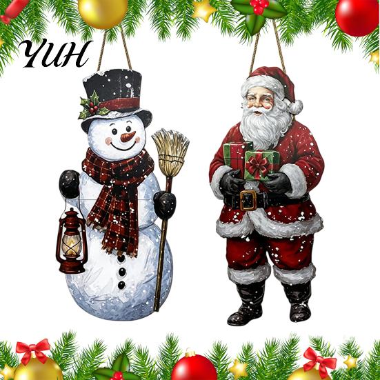 Large Holiday Door Hanger Vintage Christmas Welcome Sign, Rustic Santa Claus Snowman Wooden Hanging Ornament for Shop Wreath, Farmhouse Decorative