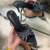 2025 Summer New Rhinestone Black Stiletto Sexy Satin Open-toed Pointed One-word Strap Cross-strap Sandals Women