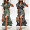 Plus Size Summer Women Fashion Boho Dress Casual V Neck Floral Print Big Swing Long Dress
