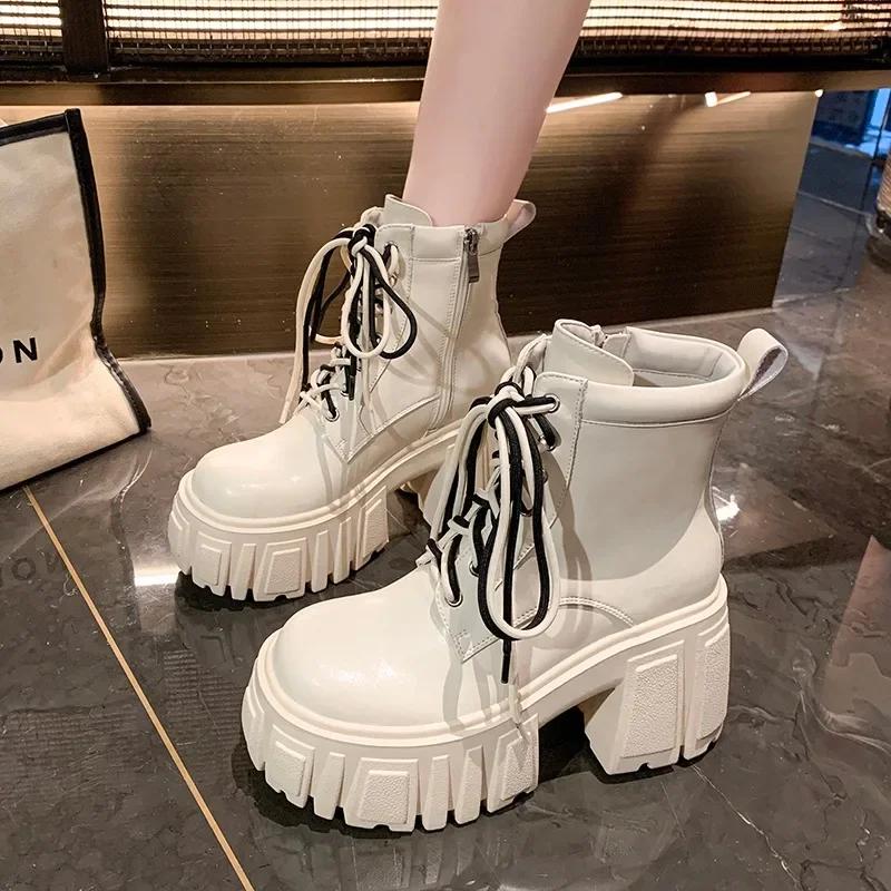 Модные осенние женские высокие ботильоны на платформе, зимние толстые подошвы, мотоциклетные ботинки, каблук 9,5 см, толстые металлические короткие кожаные кроссовки для женщин