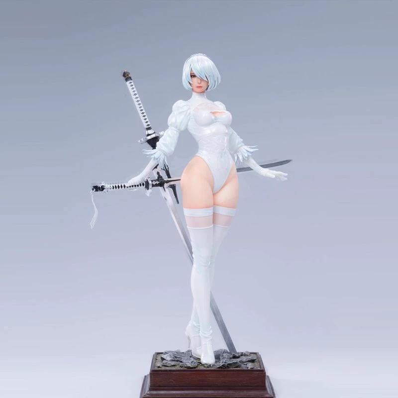 NieR Automata 2B Аниме Девушка GK Фигурка Двойная Голова Скульптура Высокий Разрез Боевой Костюм Коллекционная Статуя Настольное Украшение