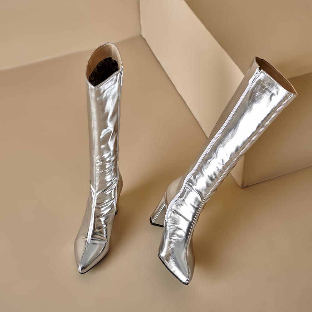 Золотые серебряные женские сапоги до колена на высоком каблуке, маленькие большие размеры 32 46