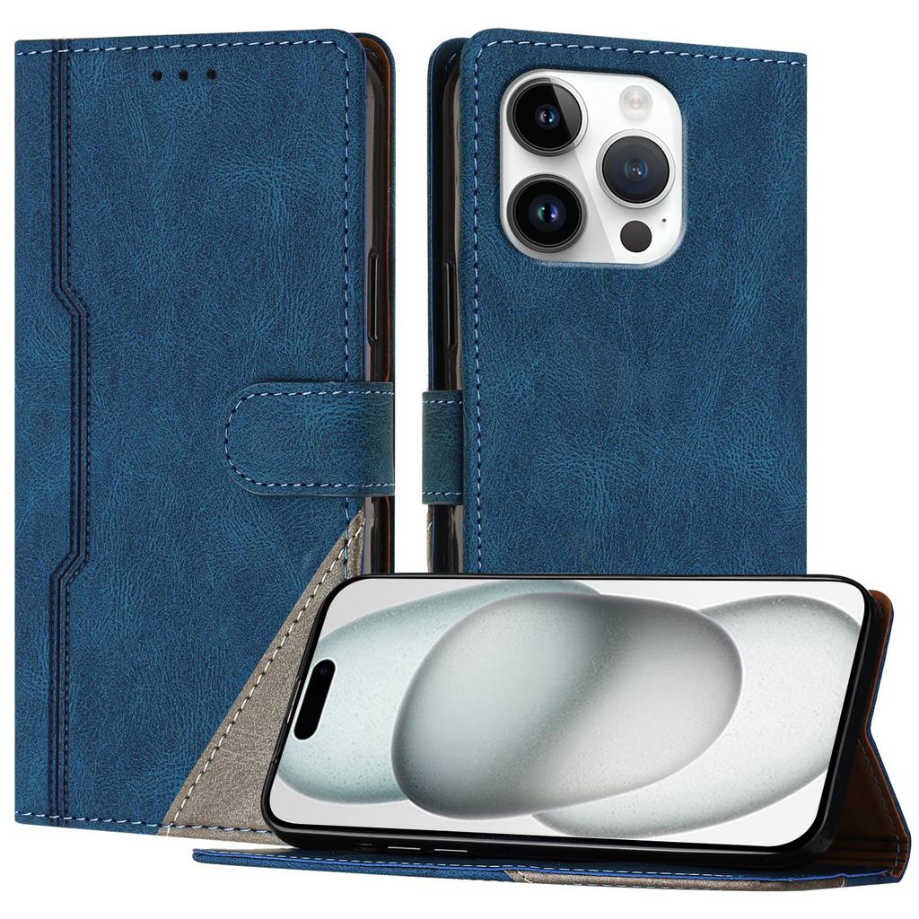 For iPhone 16 Pro Leather Case Triangle Patchwork Wallet Stand Shockproof Phone Cover