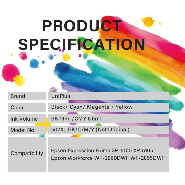 Compatible Ink Cartridges - UNIPLUS - 502XL - 5 Pieces - Black, Cyan, Magenta, Yellow - Epson XP-5100/XP-5105