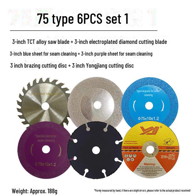 3" Mini Angle Grinder 8-Piece Set: 75x1.2x10mm Brazing Cutting & Grinding Blades