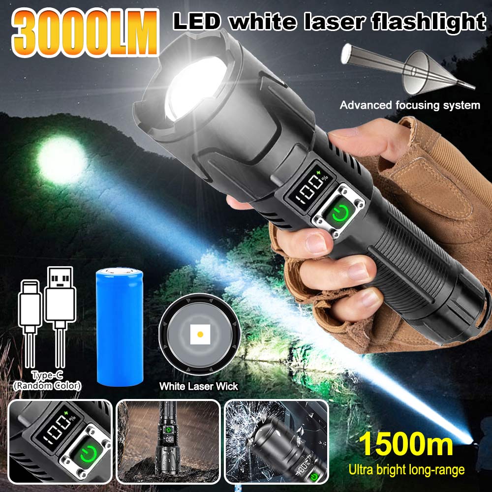 New 3000LM Lumens High Power LED Flashlight White Laser Telescopic Zoom Tactical Flashlight Powerful Long Range Emergency Torch