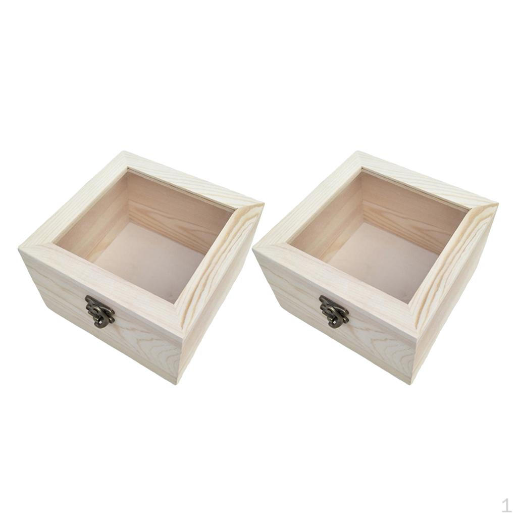 2pcs Unpainted Wooden Box Glass Lid Container for Handmade Gifts Craft Boxes - X12cm